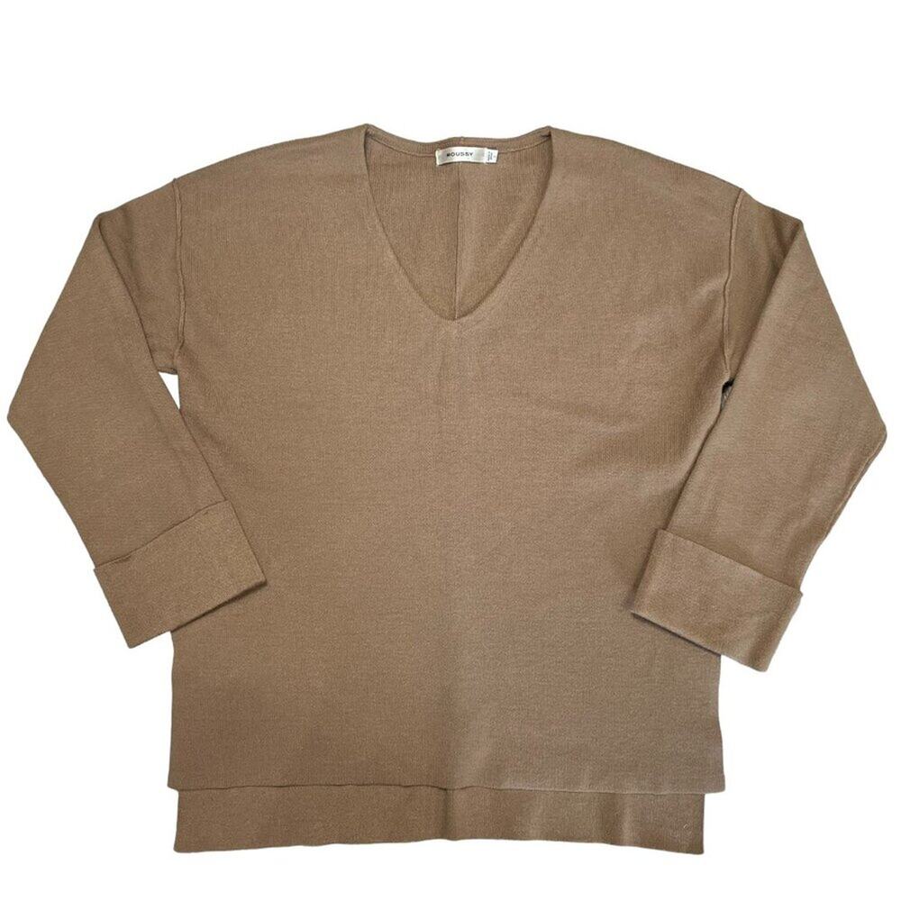 MOUSSY V-Neck Split Hem Sweater SIZE S Brown Oversized Cuffed Knit